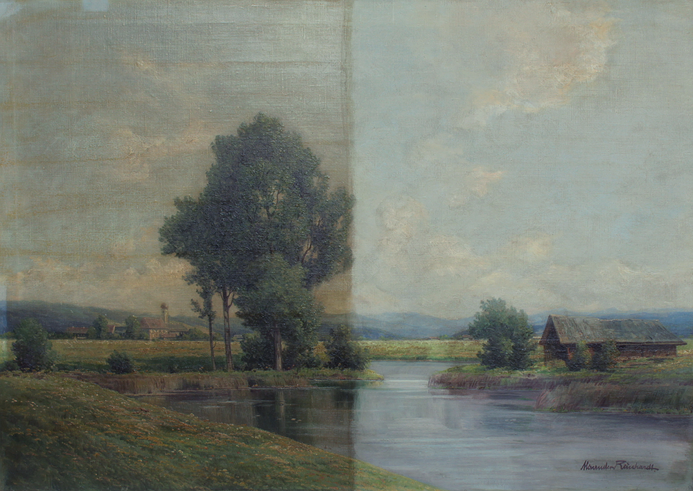 Das Bild zeigt ein Gemälde während der Reinigung